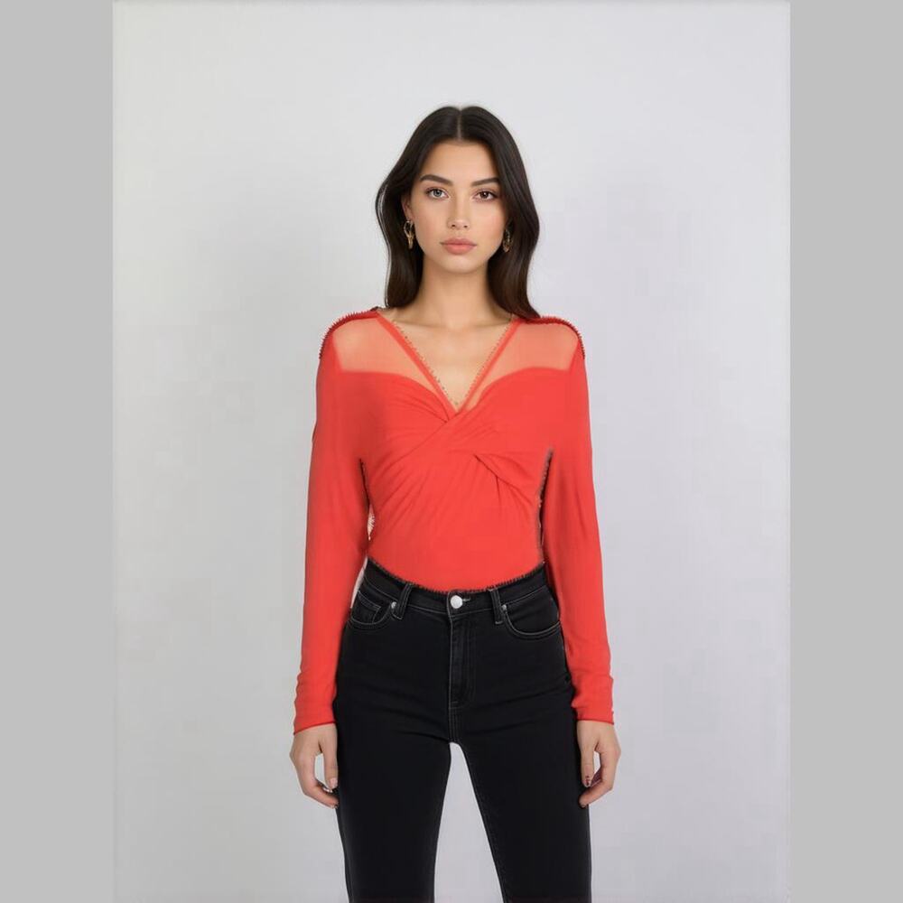 Cämmense Red Mesh Long Sleeve Twist Top Size Small NWT
